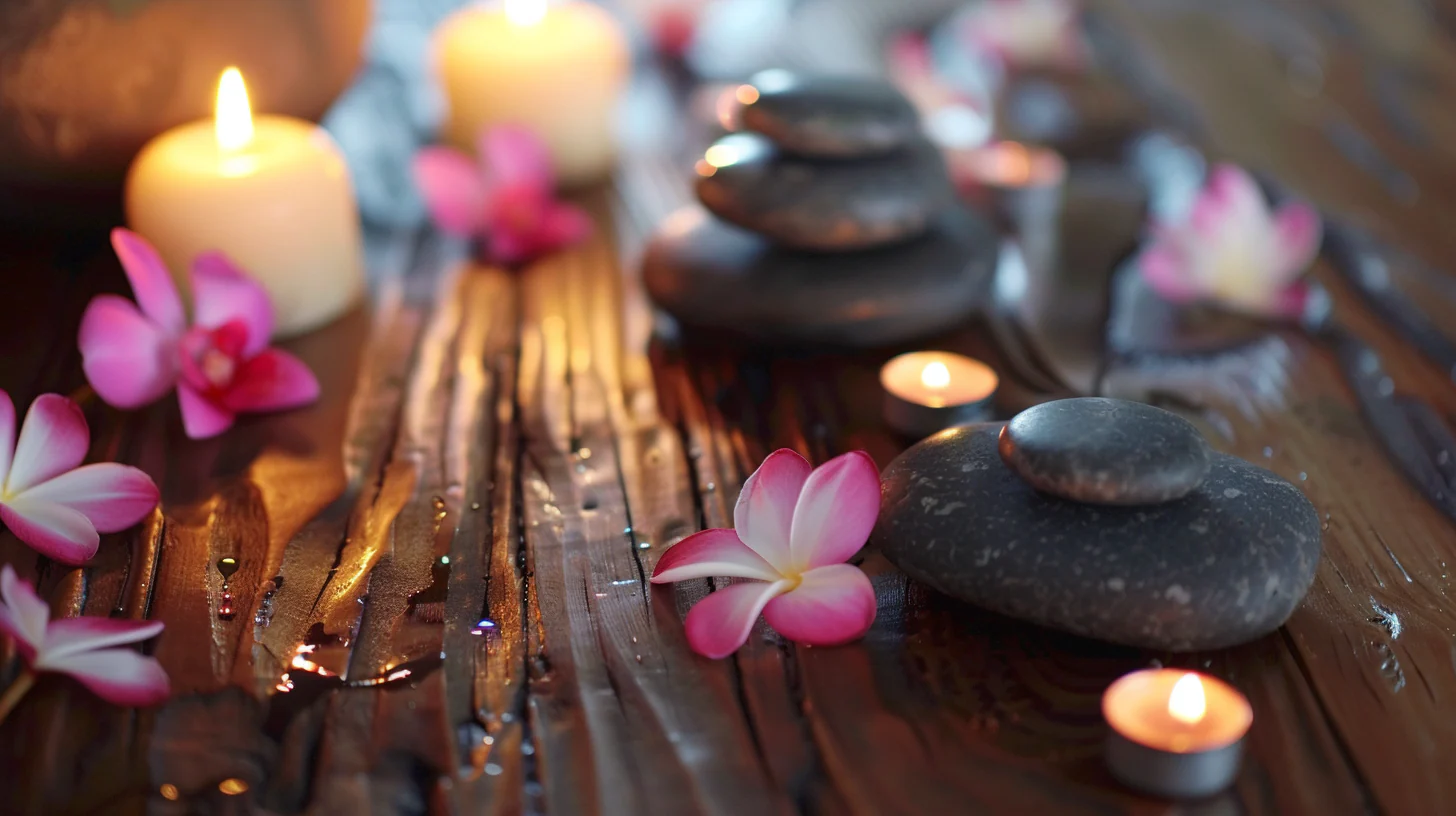 Hot stones, rolled towel and candles set up for a hot stone massage