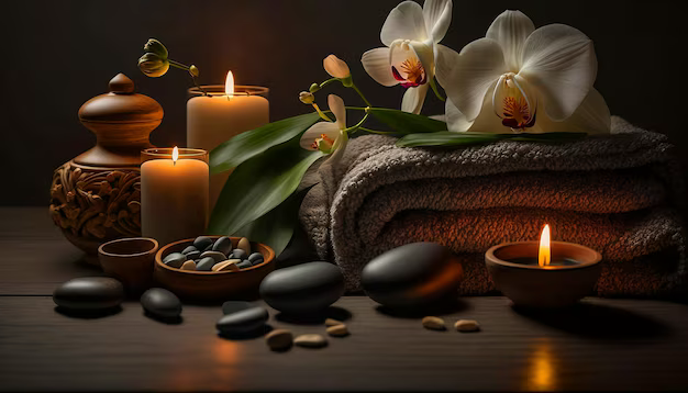Massage stones, candles and flowers in a calm treatment setting